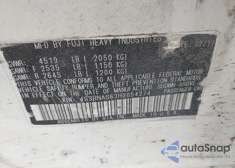 2017 Subaru Legacy Sport from USA, damaged, VIN 4S3BNAS63H3054274